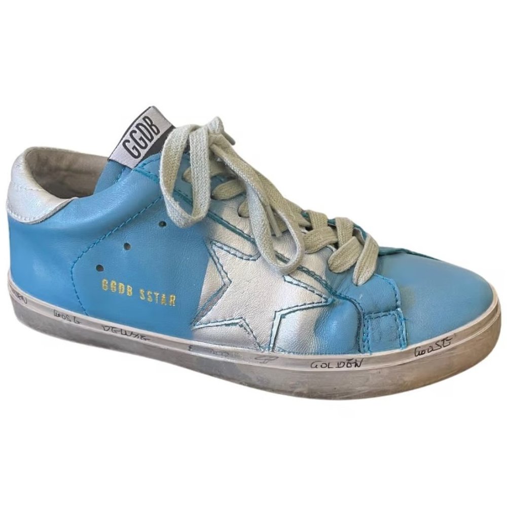 $595 Golden Goose Super-Star Blue Leather w/Silver Star Low-Top Sneakers EU38